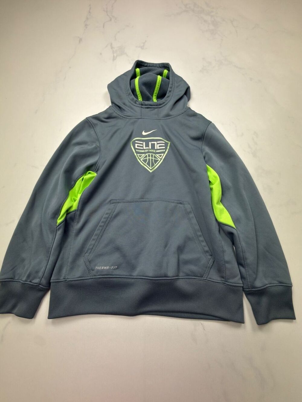 Nike Elite Hoodie Sweatshirt Gray Neon 2010s Sporty Streetwear - Boys Large